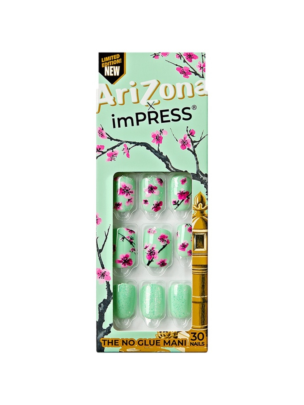 ARIZONA X IMPRESS Teal & Pink Cherry Blossom Press-On Nails